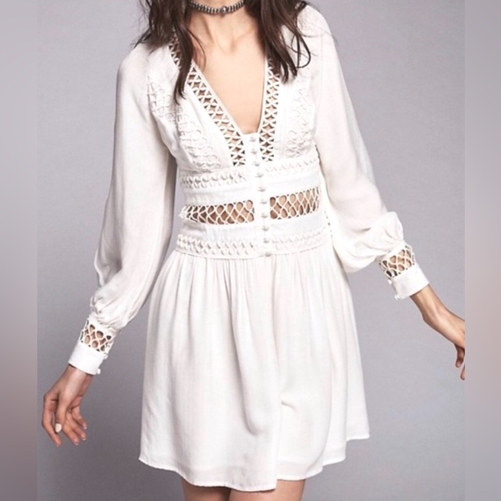 Free People Dress Size 0 XS I Think I Love You Ivory Cutout Crochet Long Sleeve